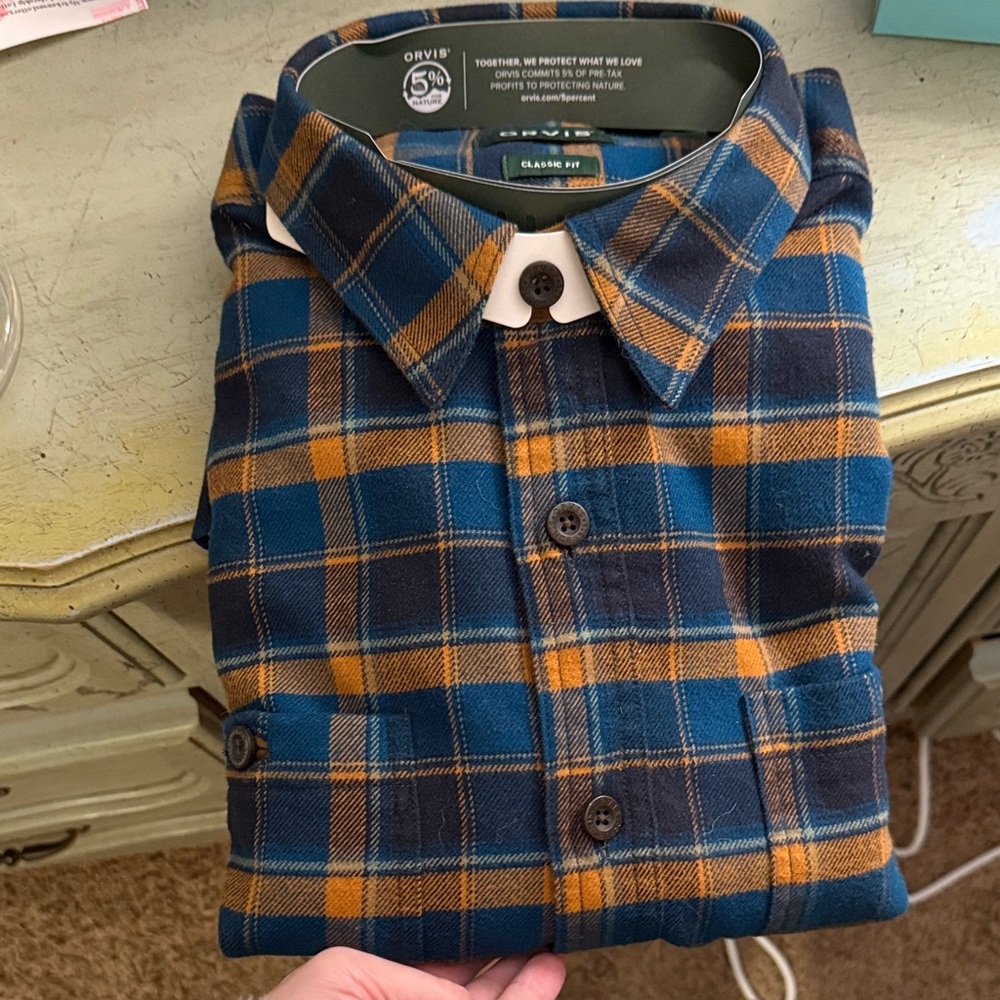 Orvis Men's Navy and Mustard Plaid Shirt